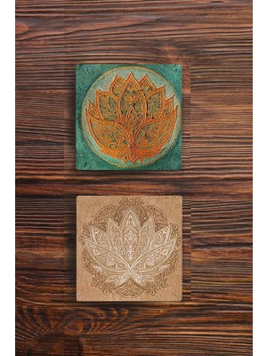 Begoloni Taş Bardak Altlığı Lotus, Yaşam Çiçeği Baskılı 2'li Set Stone Coasters