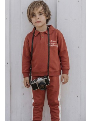 Cigit Yakalı Nakış İşlemeli Sweatshirt Takım 2-10 Yaş Kiremit