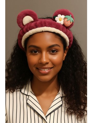 Çilek ve Papatya Figürlü Mürdüm Peluş Saç Bandı - Yumuşak Dokulu Makyaj ve Cilt Bakımı Bandanası