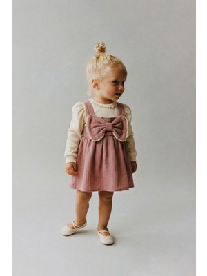 Magu Kız Bebek Pamuklu Pudra Fiyonk Detaylı Salopet Elbise – Uzun Kollu Iç Bluz Dahil