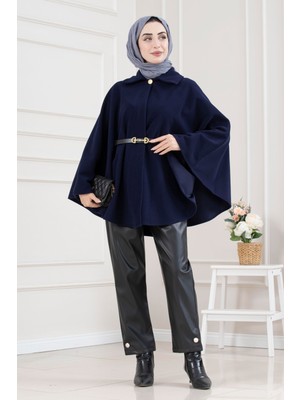 Sevitli Beli Kemerli Kaşe Panço-Lacivert