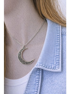Herşey Nota Otantik Desenli Ay Figürlü Gümüş Renk Bohem Unisex Kolye – 60 cm
