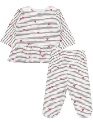 Civil Baby Çizgi Kalp Empirme 1-9 Ay Pijama Takımı - Ekru 9-12 Ay