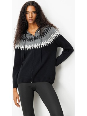 Desen Triko Kadın Kapüşonlu Robası Baklavalı Hırka Siyah