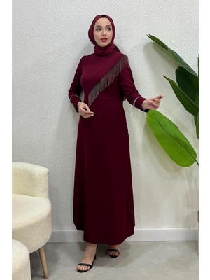 Tesettür Diyarı Kadın Krep Kumaş Zincirli Abiye-Bordo