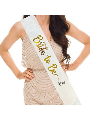 MiraLive Beyaz Üzeri Altın Italik Alyanslı Bride To Be Yazılı Simli Işıltılı Kuşak Kemer 10X80 cm