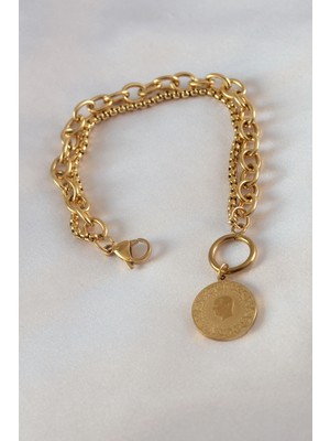 MiraLive 316L Çelik Gold Renk 2'li Zincir Model Altınlı Kadın Bileklik - TJ-BB5452