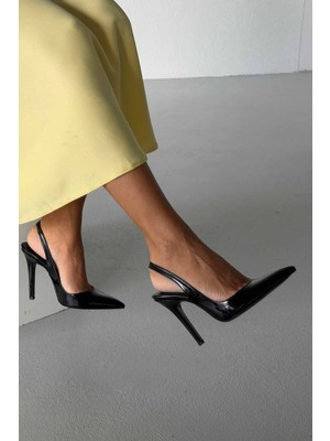 Ayakkabı Prensi Kadın Stiletto 10 cm Siyah Rugan Topuklu Ayakkabı Suni Deri Taban