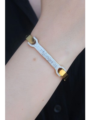 MiraLive 316L Çelik Gold Renk Zirkon Taşlı Kadın Kelepçe - TJ-BB5285