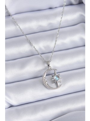 MiraLive 316L Çelik Gümüş Renk Zirkon Taşlı Ay Yıldız Model Kadın Kolye - TJ-BKO7689