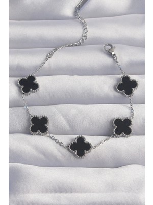 MiraLive 316L Çelik Gümüş Renk Siyah Mineli Yonca Bileklik - TJ-BB6257