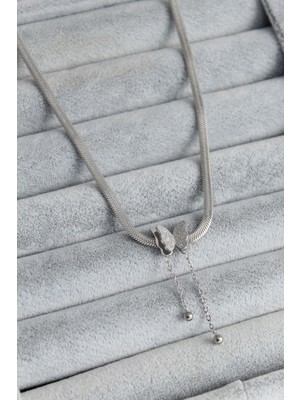 MiraLive 316L Çelik Gümüş Renk Italyan Zincir Model Simli Kelebek Figür Kadın Kolye - TJ-BKO7676