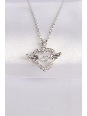 MiraLive 316L Çelik Zincir Gümüş Renk Zirkon Taşlı Kanatlı Kalp Kolye - TJ-BKO8627