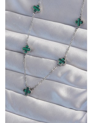 MiraLive 316L Çelik Gümüş Renk Minimal Yeşil Mineli Yonca Kolye - TJ-BKO8999