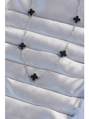 MiraLive 316L Çelik Gümüş Renk Minimal Siyah Mineli Yonca Kolye - TJ-BKO9003