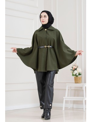 Sevitli Beli Kemerli Kaşe Panço-Haki