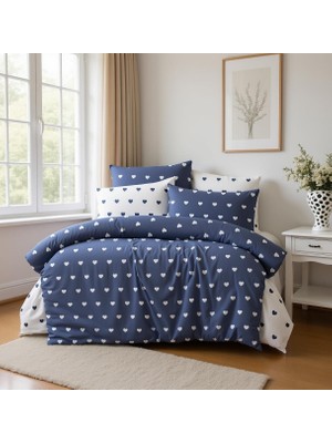 Asil Home Pamuklu Ranforce Kumaş Çift Kişilik Mavi Kalpli Desen Nevresim Tam Takım