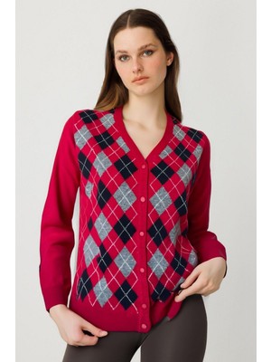 Desen Triko Kadın V Yaka Önü Baklavalı Hırka K.kırmızı