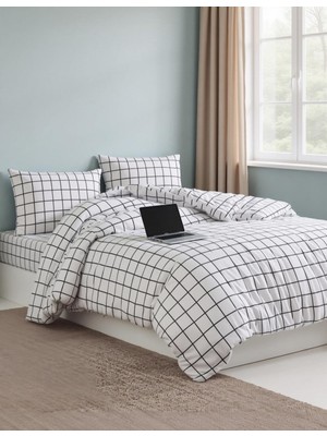 Asil Home Pamuklu Ranforce Kumaş Tek Kişilik beyaz Kareli Desen Nevresim Tam Takım