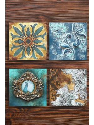 Begoloni Baskılı Doğaltaş Bardak Altlığı 4'lü Set - Doğal Taş Bardak Altı