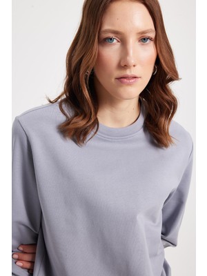 Tudors Kadın Oversize Geniş Kesim %100 Pamuk 2 Iplik Bisiklet Yaka Açık Gri Sweatshirt 