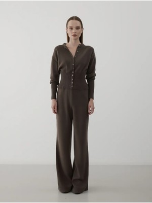 Laluvia Kahverengi Çıtçıt Düğmeli Triko Takım - 904