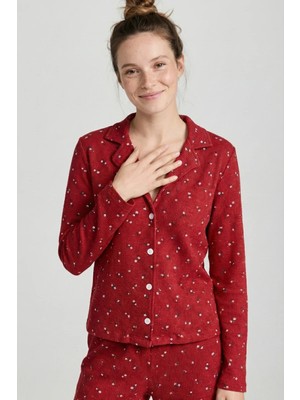 EQru Çiçek Desenli Waffle Kumaş Gömlek Yaka Bordo Kadın Pijama Takımı