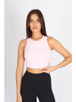 Softandbasic Kadın Pembe Basic Halter Yaka Esnek Biyeli Kaşkorse Kumaş Crop Top Body Atlet