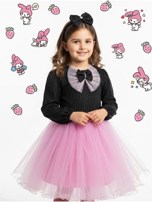 Siyah Kadife Parıltılı Tül Etekli Uzun Kollu Kurdele Süslü Kız Çocuk Elbise Kuromi Yılbaşı Elbisesi