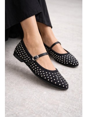 FootFrenzy Kadın Taş Dokulu Mary Jane Günlük Şık Konforlu Rahat Taban Babet Ayakkabı