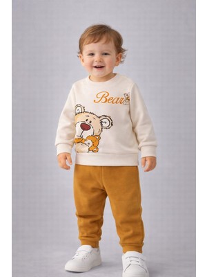 Dinamik çocuk Erkek Bebek Teddy Bear Oyuncak Ayı Ön-Arka Baskılı 2'li Eşofman Takımı – Mevsimlik 2iplik Alt Üst Takım 3-6-9-12AYLIK