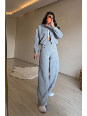 Neşeli Butik Kadın Fermuarlı Oversize Sweat ve Yüksek Bel Eşofman Takımı NM018