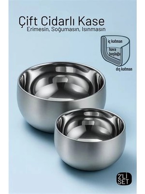 Calperia Çift Cidarlı Isı Yalıtımlı 2’li Lüks Kase Seti (16CM & 18CM) Premium 304 Paslanmaz Çelik