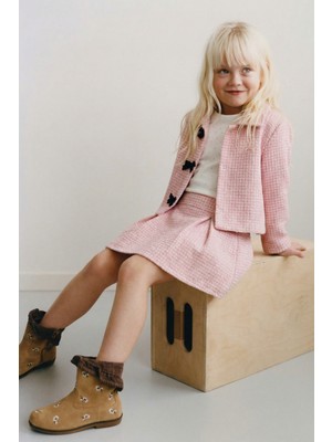 Magu Kız Çocuk Pamuklu Pembe Dokulu Ceketli Etek Takım – T-Shirt Dahil 3'lü