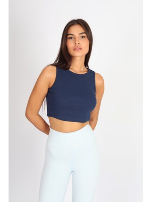 Softandbasic Kadın Indigo Basic Halter Yaka Esnek Biyeli Kaşkorse Kumaş Crop Top Body Atlet