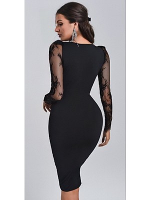 Serac Collection Kadın Uzun Kollu Kruvaze Yaka Kollar Tül Detay Krep Mini Boy Elbise