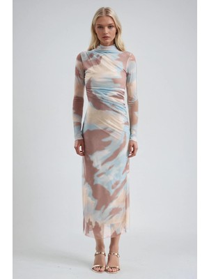 Lijuri Batik Desenli Büzgülü Tül Elbise 2981