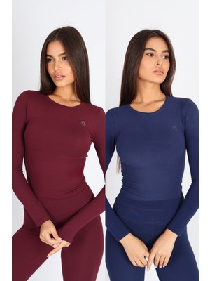 Softandbasic Kadın Uzun Kollu Baskılı Bisiklet Yaka Bordo-Lacivert Body