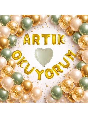 Tedaks Artık Okuyorum Folyo Harf Balon Küf Yeşili Gold Konfetili Okuma Bayramı Temalı Süsleme