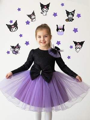 Siyah Kadife Parıltılı Tül Etekli Uzun Kollu Kurdele Süslü Kız Çocuk Elbise Kuromi Yılbaşı Elbisesi