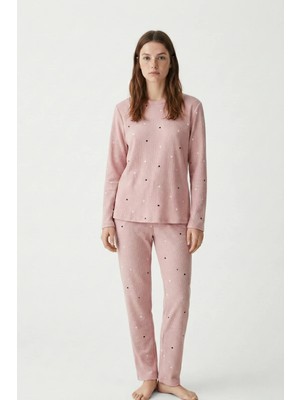 EQru Kalp Desenli Waffle Kumaş Bisiklet Yaka Pudra Kadın Pijama Takımı