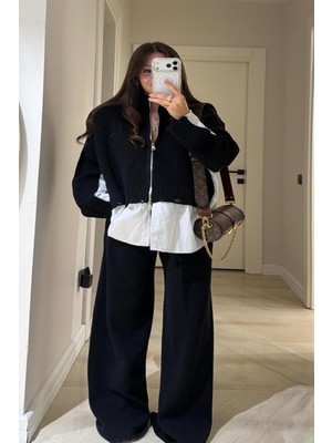 Cockatoo Kadın Gömlek Detaylı Triko Ceket Pantalon  Rahat Kalıp 36/46 Beden Uyumlu Takım