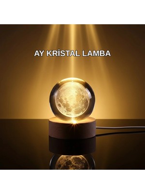 Calperia 3D Lazer Işlemeli Ay Küresi Ahşap Standlı USB Bağlantılı Dekoratif Lamba