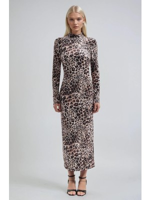 Lijuri Leopar Desenli Dik Yaka Leopar Elbise 2974