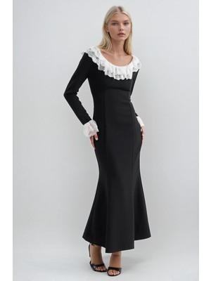 Lijuri Yakası ve Kolları Dantel Detaylı Uzun Elbise 2972
