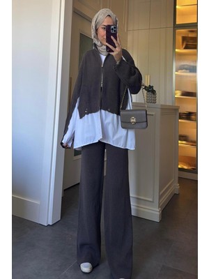 Cockatoo Kadın Gömlek Detaylı Triko Ceket Pantalon  Rahat Kalıp 36/46 Beden Uyumlu Takım