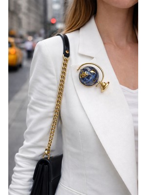 Modex Mavi Ve Altın Detay Dünya Broş (5cm)