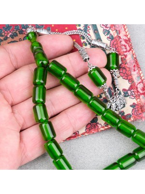 Lapisdo Ateş Kehribar Alpaka Püsküllü Kapsül Kesim 9X12MM Tesbih - Şeffaf Yeşil
