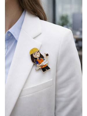 Modex Mineli Sarı Baretli Inşaat Mühendisi Kadın Broş (5cm)