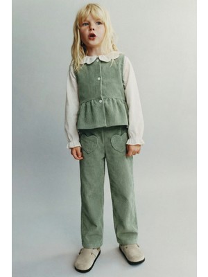 Magu Kız Çocuk Pamuklu Yeşil Fitilli Yelekli Pantolon Takım – Gömlek Dahil 3'lü